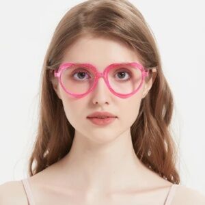 Hot Barbie translucent pink with silver glitter, oversized heart eyeglasses